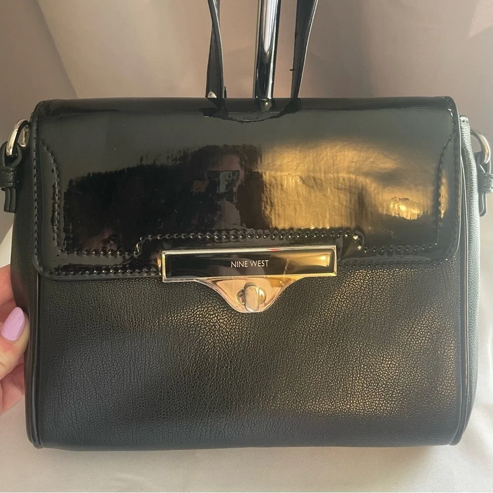 Nine West Women's Crossbody Handbag Adjustable Strap Black Faux Leather Patent